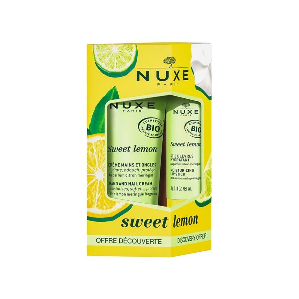 Coffret cadeau avec crème mains et ongles et stick lèvres. Emballage jaune avec motif citron. Inscription: Sweet lemon.