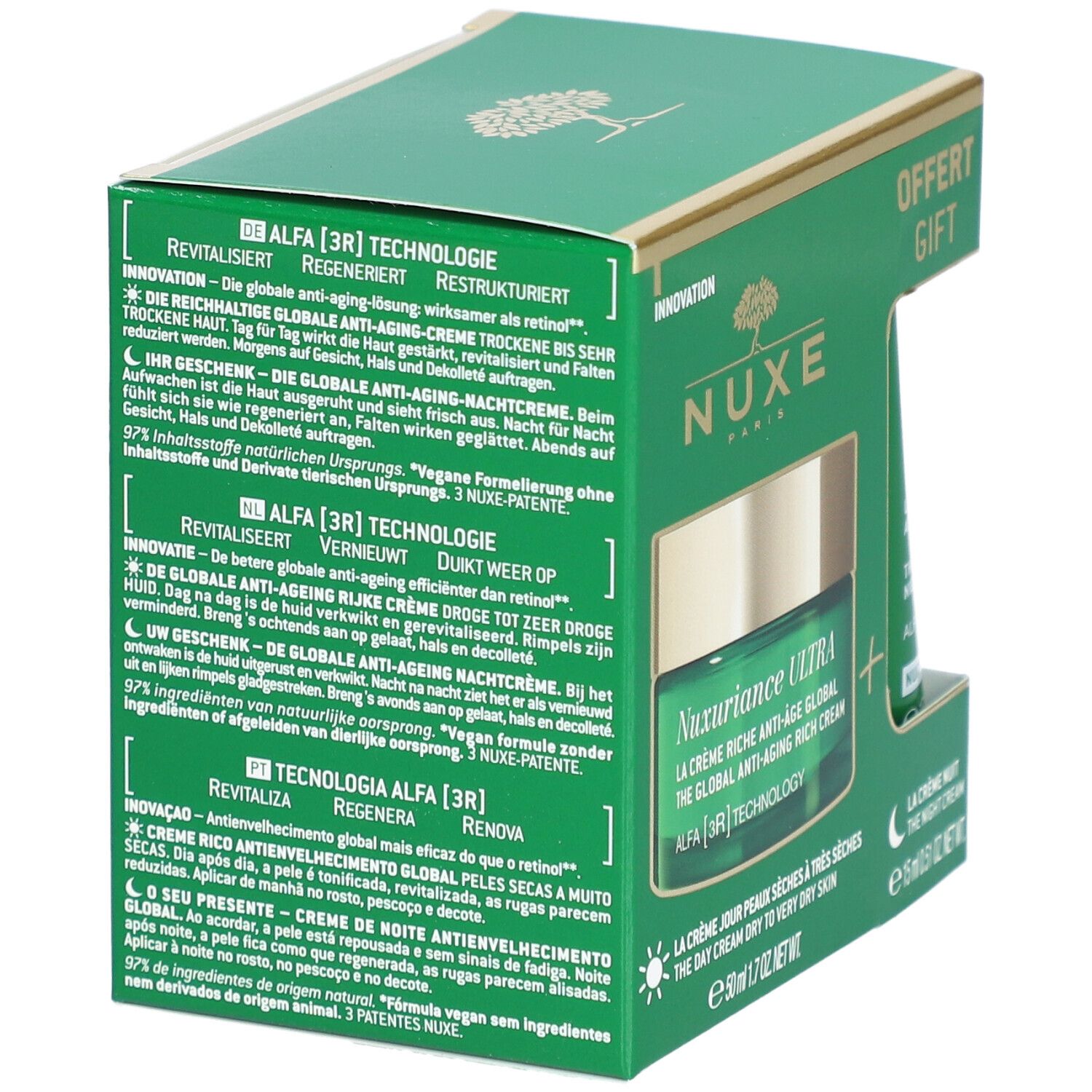 Dos du coffret vert. Texte multilingue. Nuxe Nuxuriance Ultra. Formule vegan.