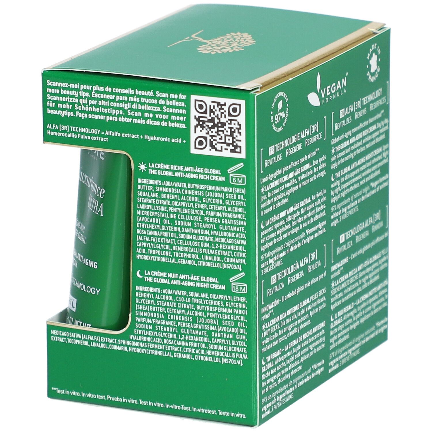 Dos du coffret vert. Texte multilingue. Ingrédients. Formule vegan. Code QR.