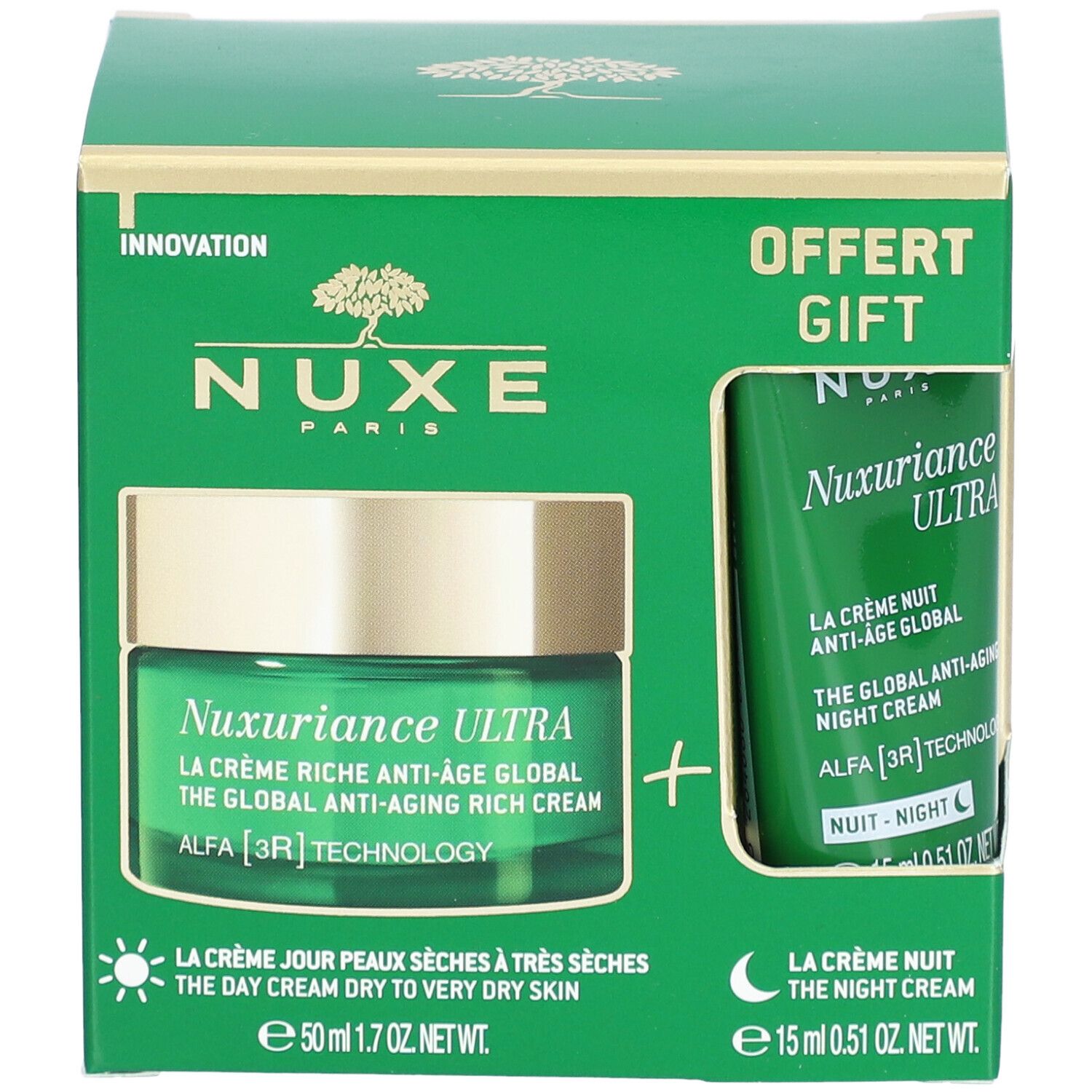 Coffret vert avec deux crèmes. Nuxe Paris, Nuxuriance Ultra. Crème jour et nuit. 50ml + 15ml.