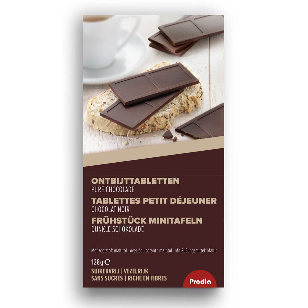 Doosje chocoladetabletten. Tekst: Ontbijttabletten, Tablettes Petit Déjeuner, Frühstück Minitafeln. Merk: Prodia. Pure chocolade, suikervrij, rijk aan vezels.