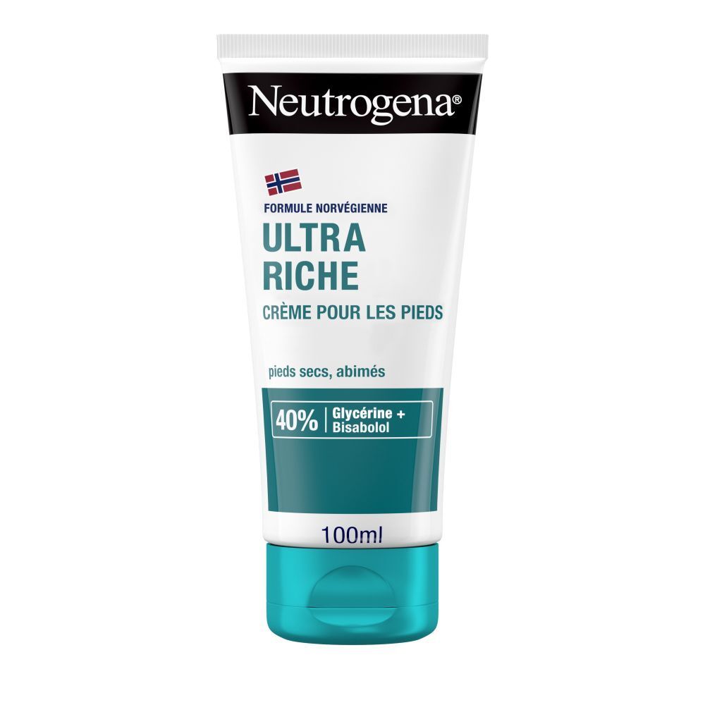 Neutrogena Ultra Riche Crème pour les pieds. Tube blanc, bouchon bleu. Texte: 100ml, 40% Glycérine + Bisabolol.