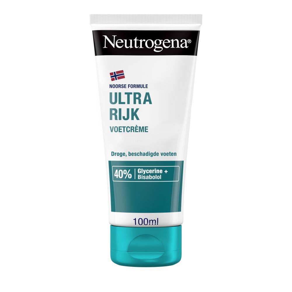 Neutrogena Ultra Rijk Voetcrème. Witte tube met blauwe dop. Tekst: 100ml, 40% Glycerine + Bisabolol.
