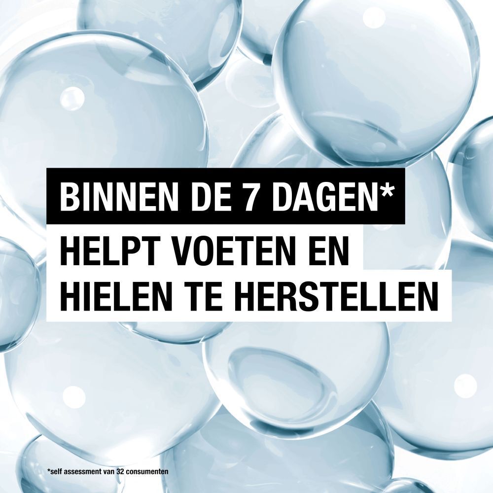 Grafiek met waterdruppels. Tekst: Binnen de 7 dagen helpt voeten en hielen te herstellen.