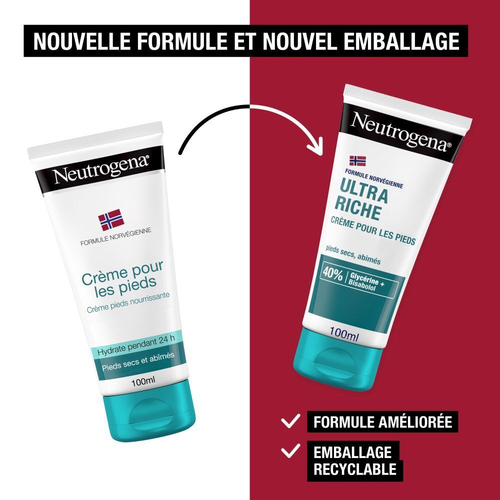 Comparaison de deux tubes de crème pour les pieds Neutrogena. Texte: Nouvelle formule et nouvel emballage.