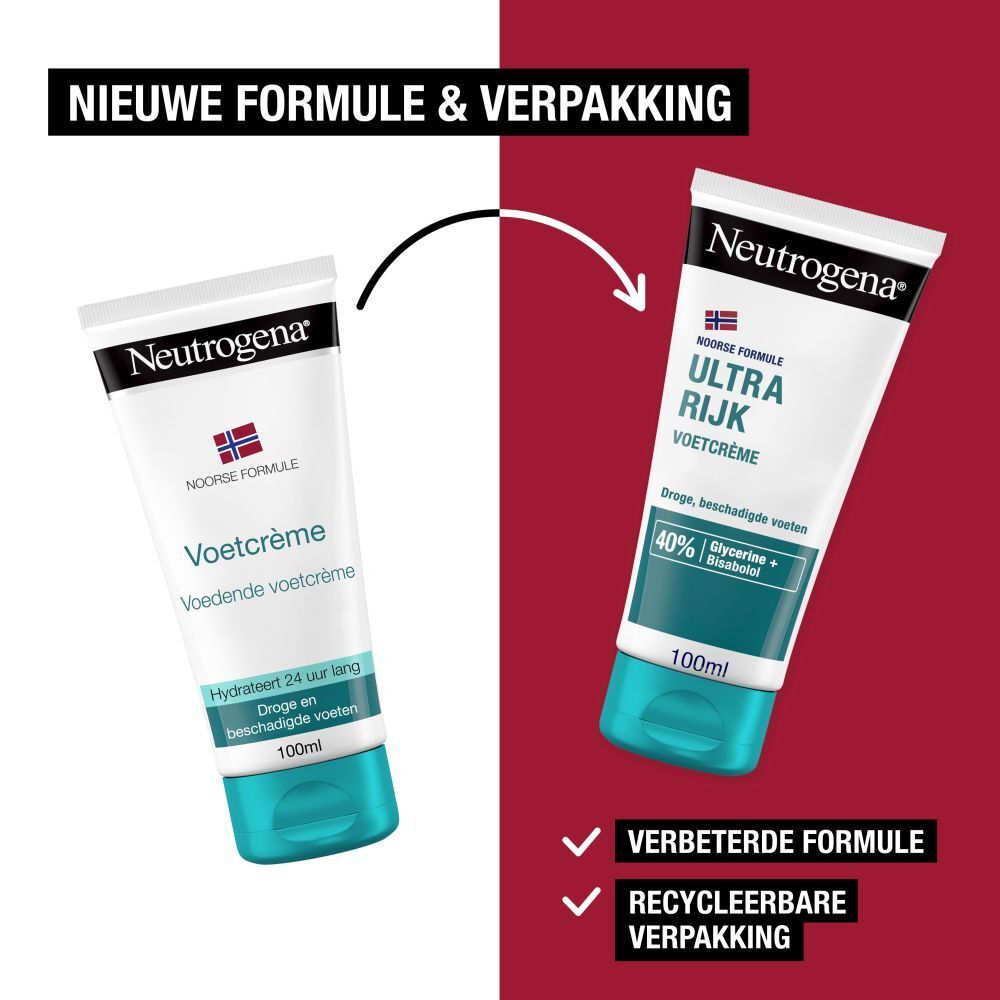 Vergelijking van twee Neutrogena voetcrèmetubes. Tekst: Nieuwe formule & verpakking.