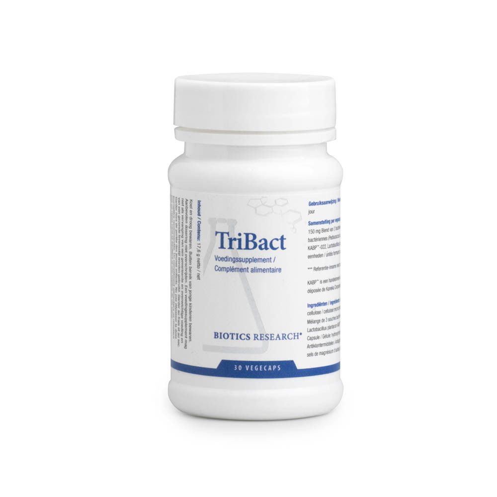 Witte capsules. Opschrift: TriBact, BIOTICS RESEARCH, 30 Vegecaps.
