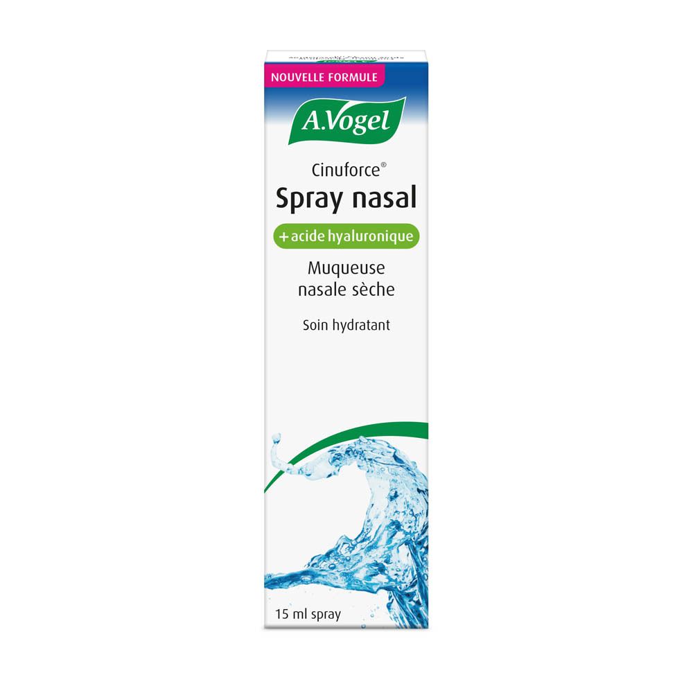 A.Vogel Cinuforce Spray nasal, boîte blanche. Informations et graphique d'eau. 15 ml.