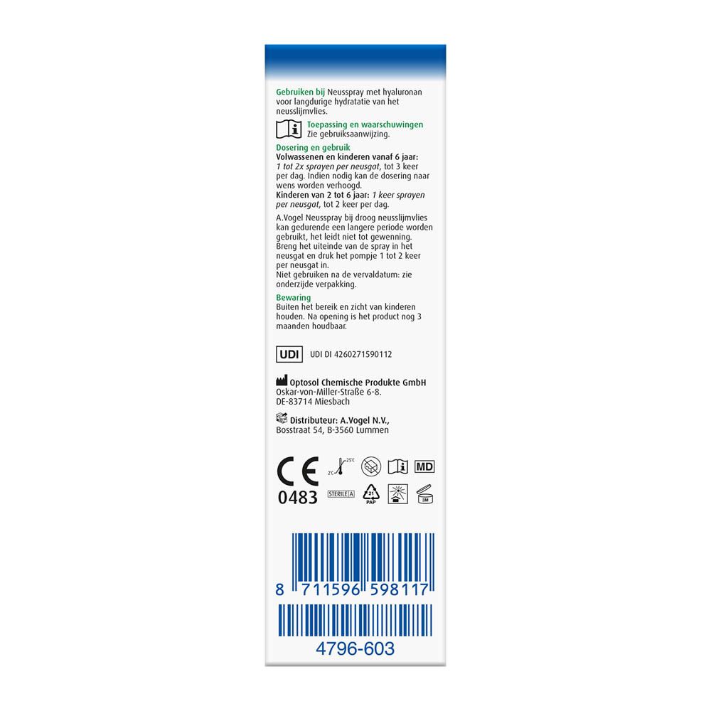 Achterkant van de A.Vogel Neusspray verpakking. Tekstinformatie, CE-markering en barcode.