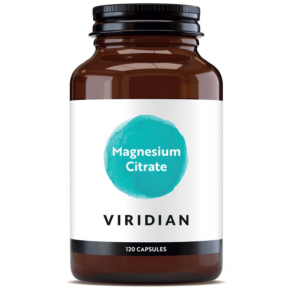 Flacon en verre brun avec couvercle noir. Étiquette avec cercle bleu, texte : Magnesium Citrate, VIRIDIAN, 120 Capsules.