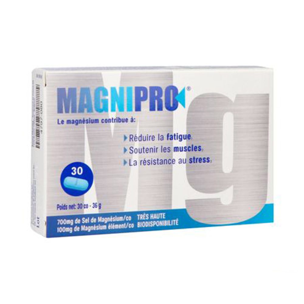 Doos MAGNIPRO met 30 tabletten. Bevat magnesium. Tekst in het Frans. Blauwe tablet afgebeeld.