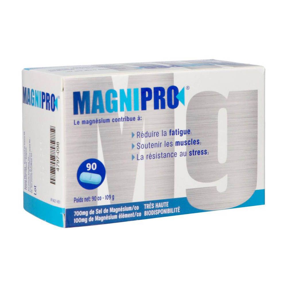 Witte MAGNIPRO-doos met 90 tabletten. Tekst: Vermindert vermoeidheid, ondersteunt spieren, weerstand tegen stress. Bevat magnesium.