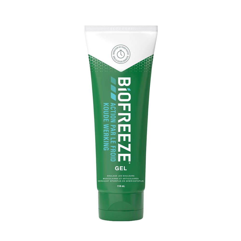 Groene tube met witte dop. Opschrift: BIOFREEZE, Gel. Koude werking. 118 ml.