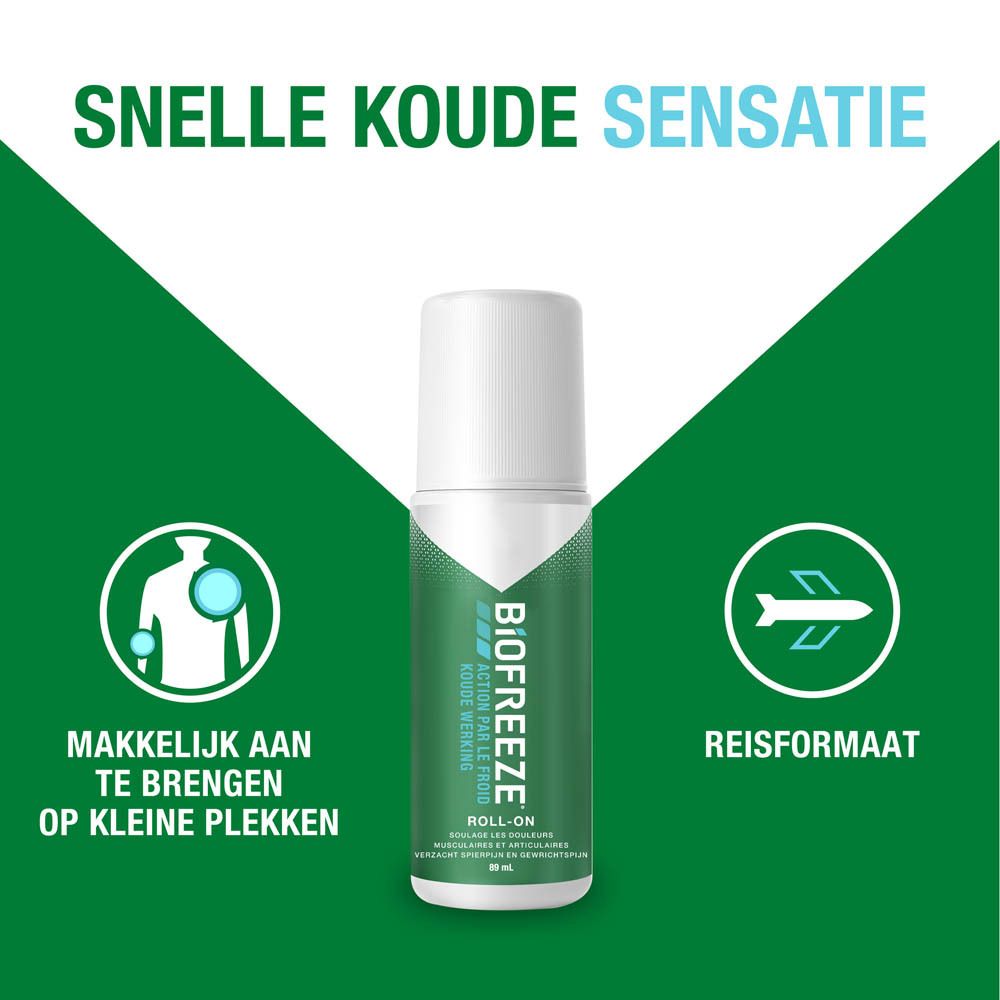 Verlicht spier- en gewrichtspijn. Symbolen voor kou. Tekst: Snelle koude sensatie, langdurig, gerichte verlichting.