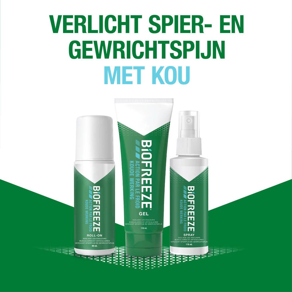 Biofreeze Roll-On. Groen-witte roll-on fles. Tekst: Biofreeze, Action par le froid, Roll-On.