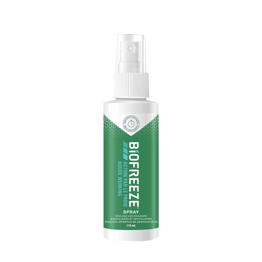 Groene sprayfles. Opschrift: Biofreeze Spray Action par le Froid. 118 ml.