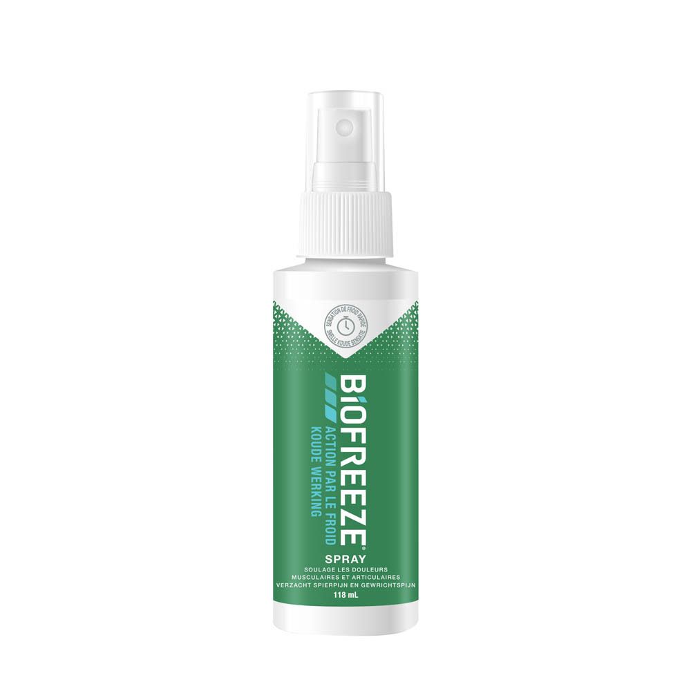 Groene sprayfles. Opschrift: Biofreeze Spray Action par le Froid. 118 ml.