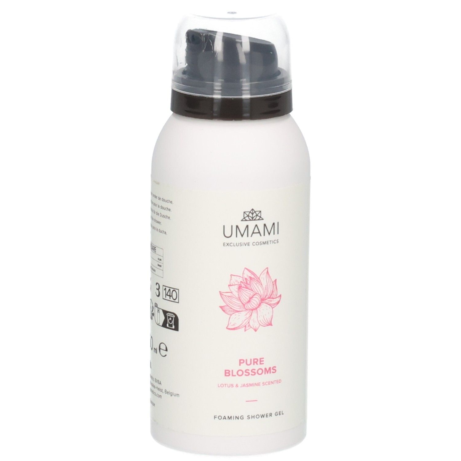 Gel douche moussant Umami Pure Blossoms parfum Lotus & Jasmin. Flacon blanc avec pompe et fleur de lotus rose.