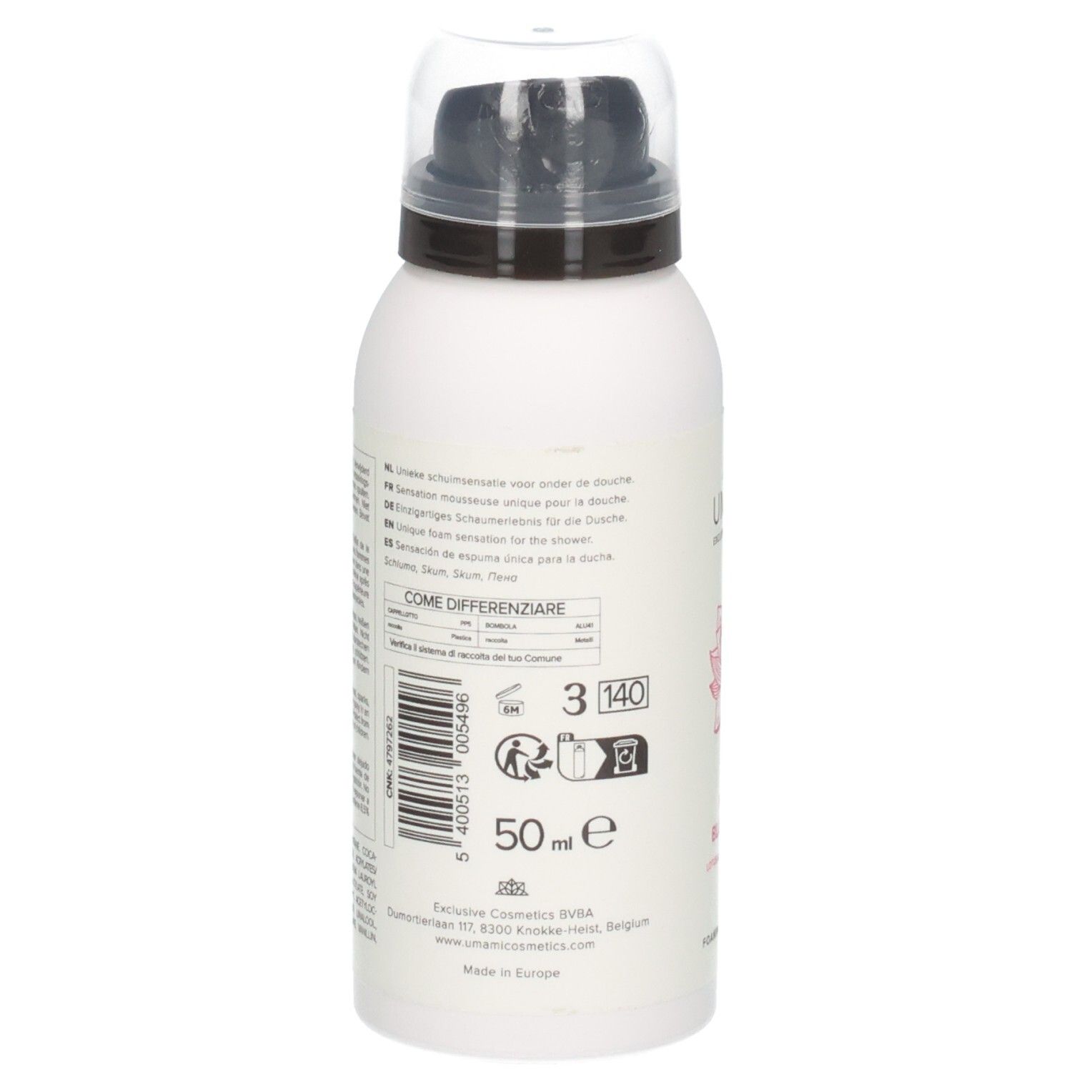 Arrière du flacon de gel douche moussant Umami Pure Blossoms. Contient 50ml et informations de fabrication.
