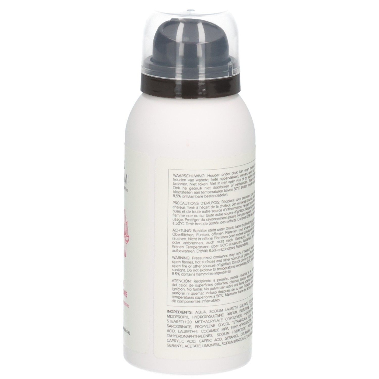 Vue latérale du flacon de gel douche moussant Umami Pure Blossoms avec ingrédients et avertissements.