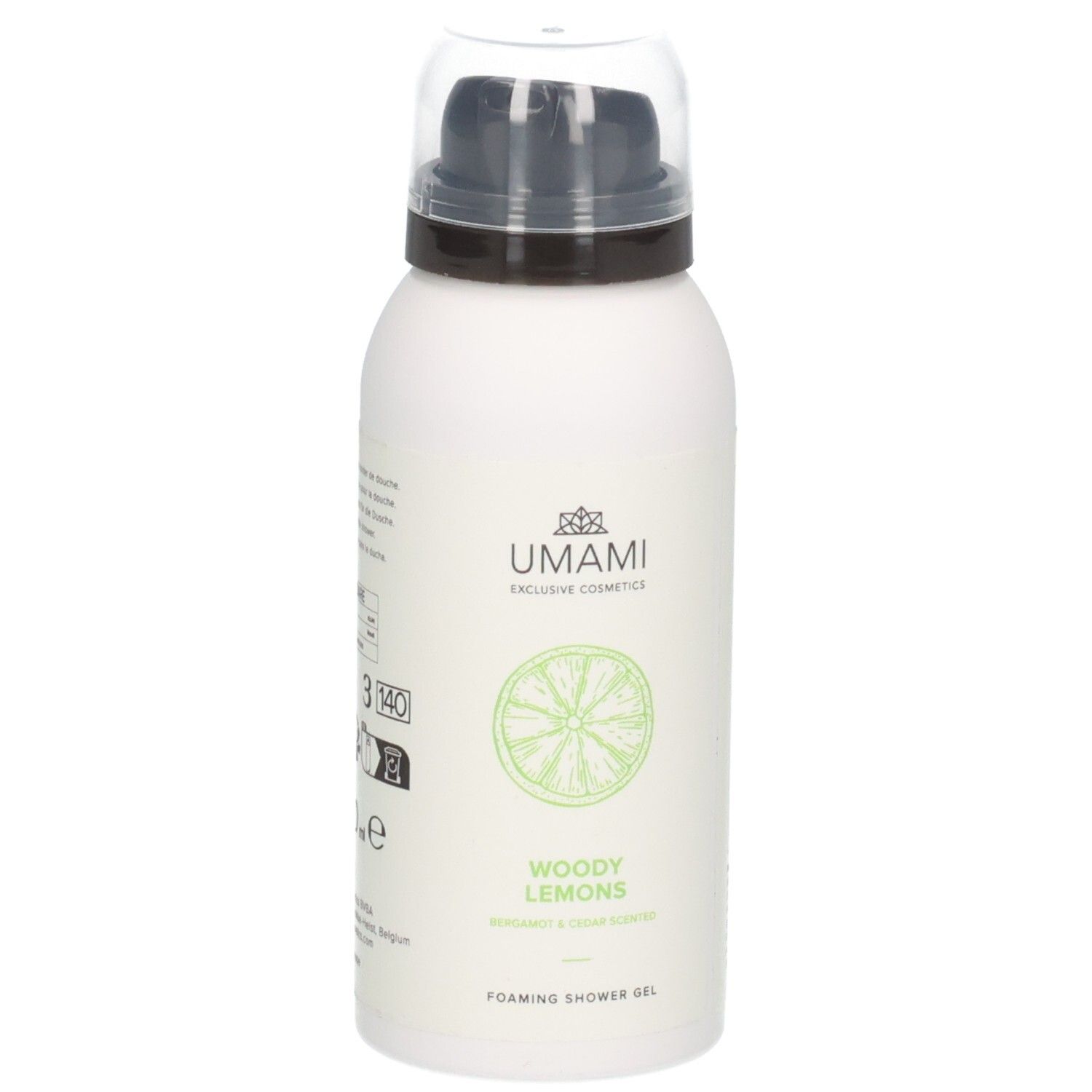 Mousse de douche Umami Woody Lemons dans un flacon blanc avec pompe. Motif tranche de citron.