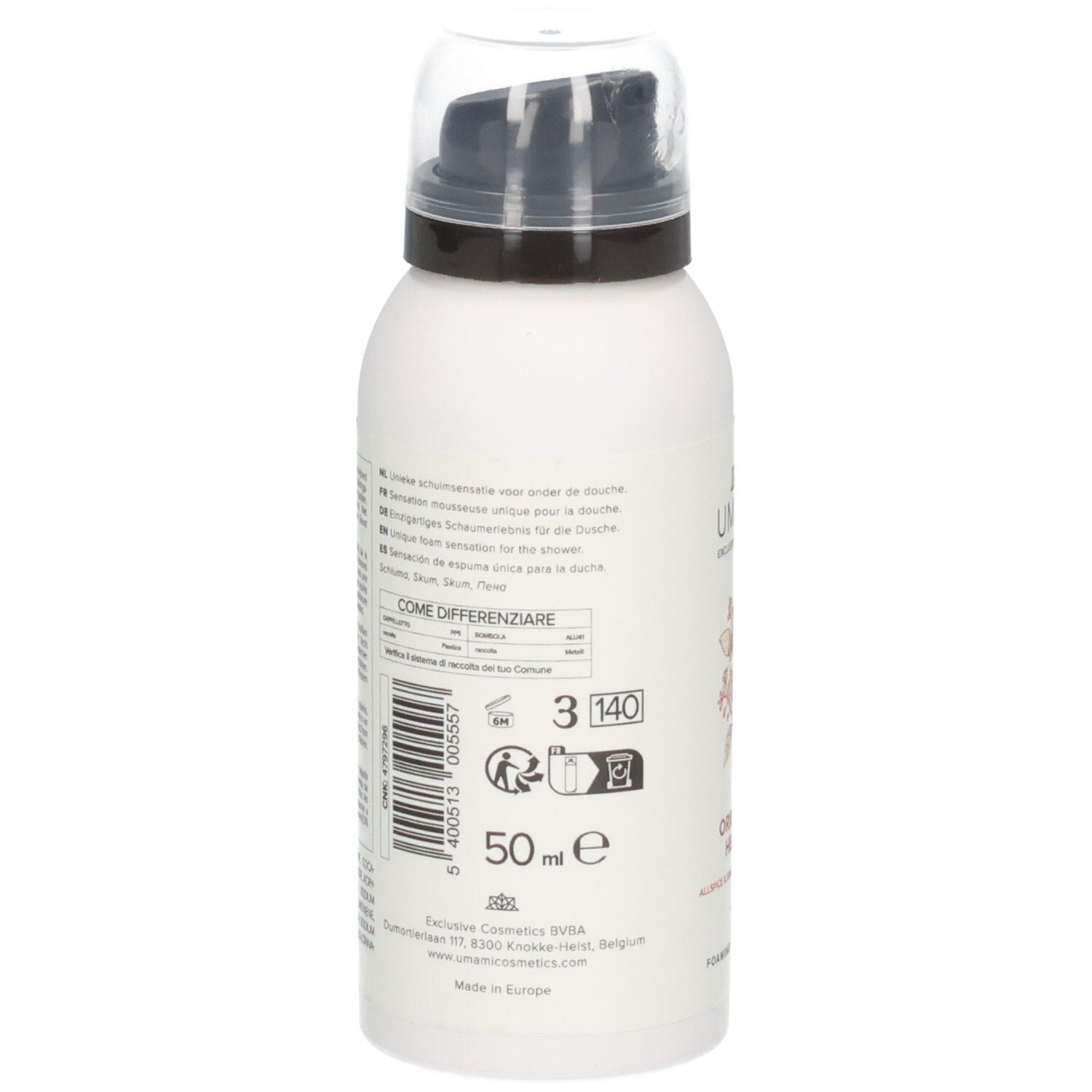Arrière du flacon de gel douche Umami Oriental Herbs avec informations produit et mention 50 ml.