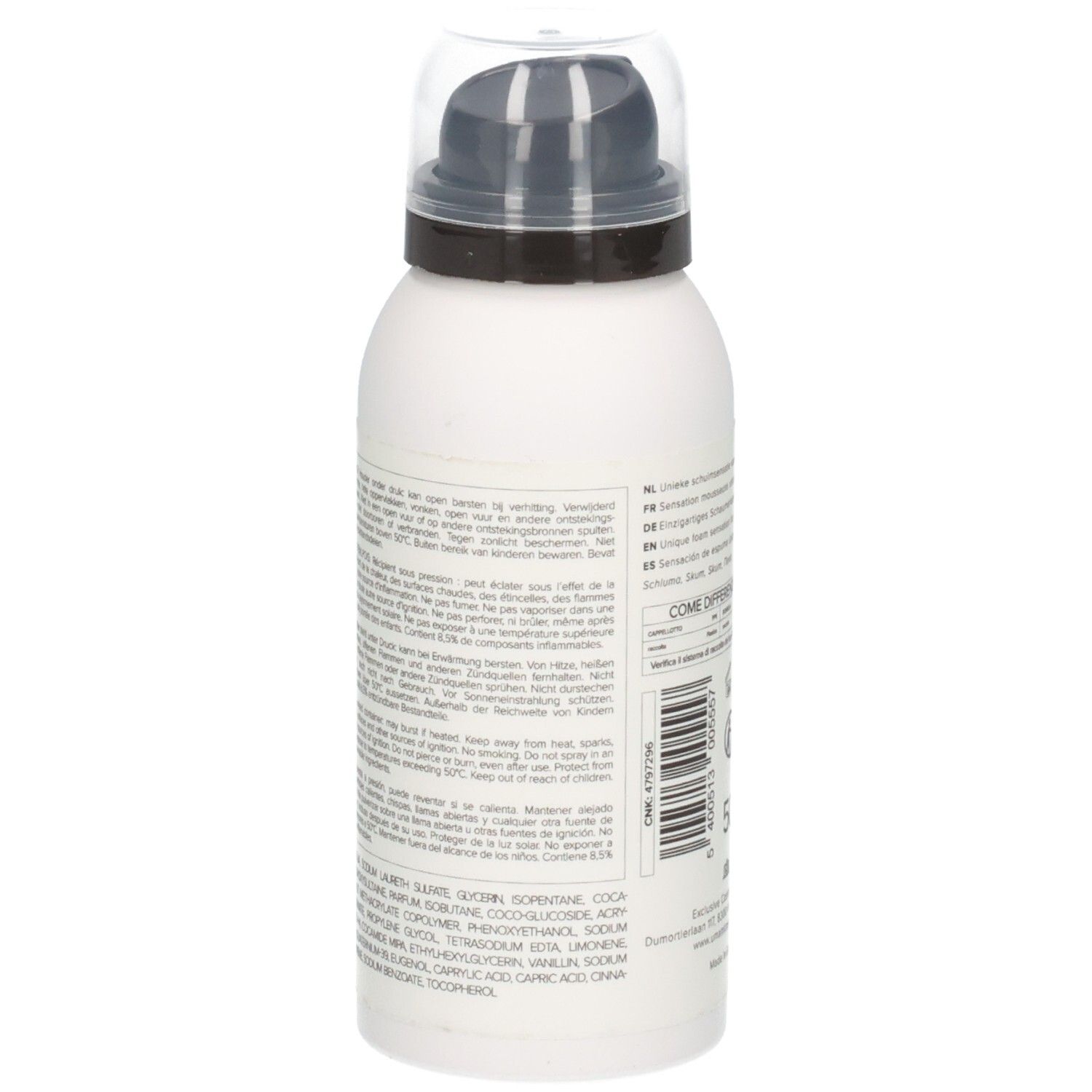 Vue latérale du flacon de gel douche Umami Oriental Herbs avec instructions d'utilisation détaillées.
