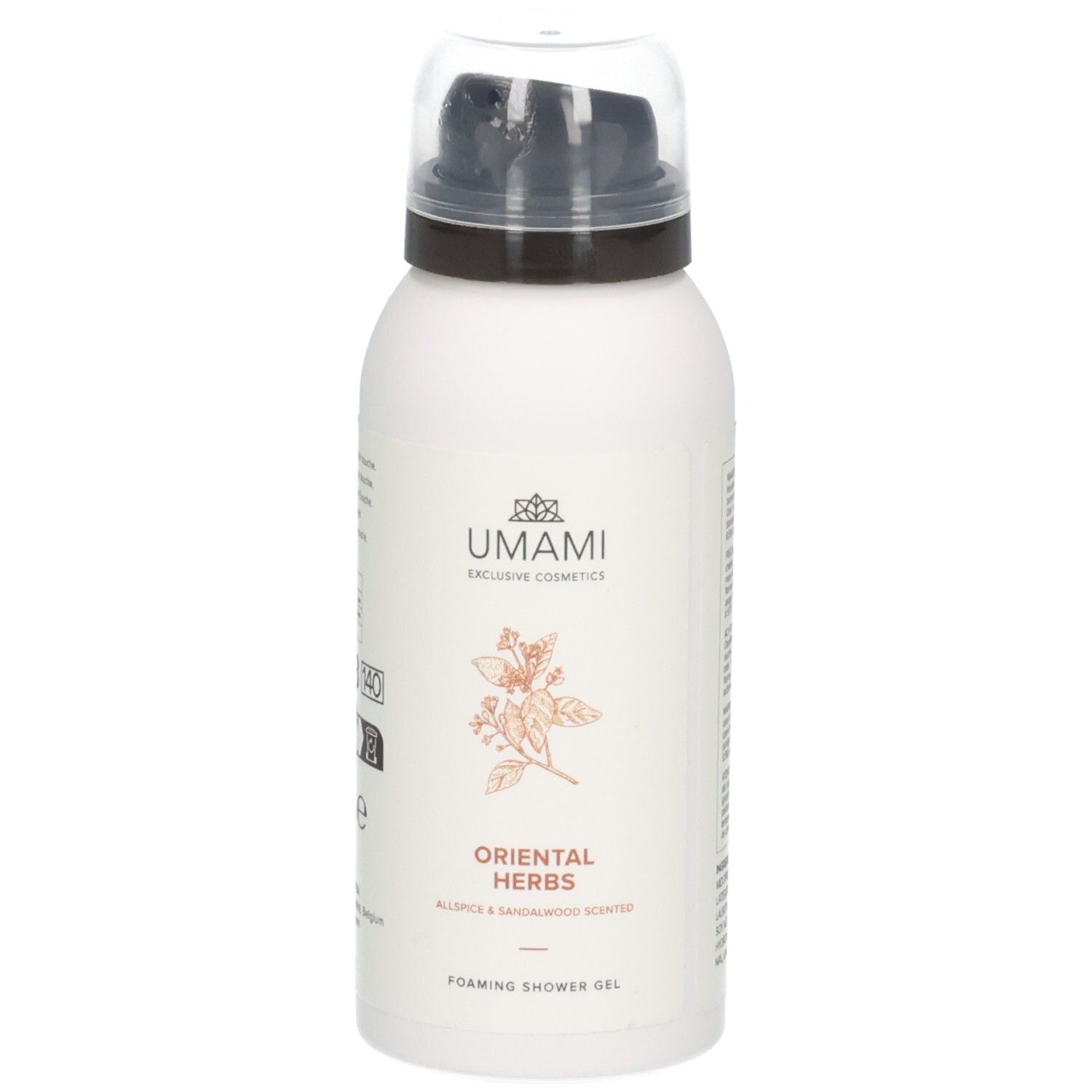 Avant du flacon de gel douche Umami Oriental Herbs avec distributeur et illustration d'herbes.