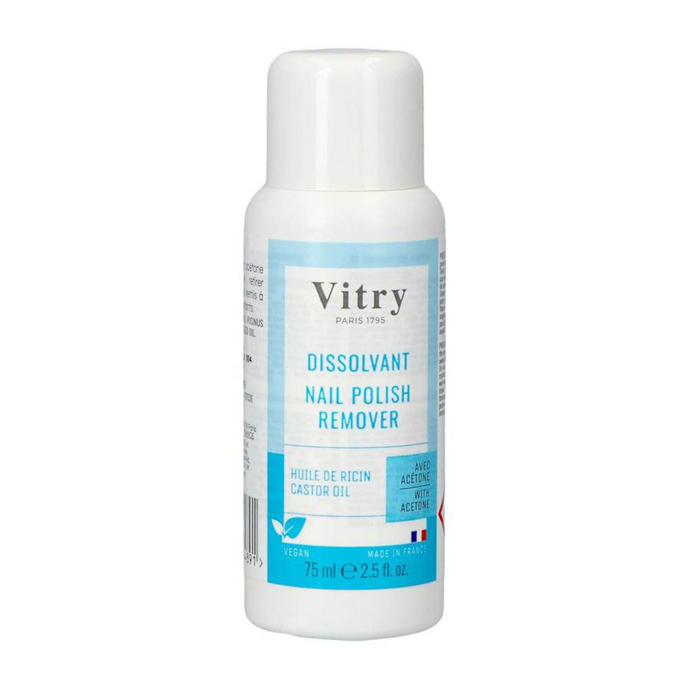 Witte fles met blauw etiket. Opschrift: Vitry, Dissolvant Nail Polish Remover, 75 ml, vegan. Met Frans vlag-symbool.