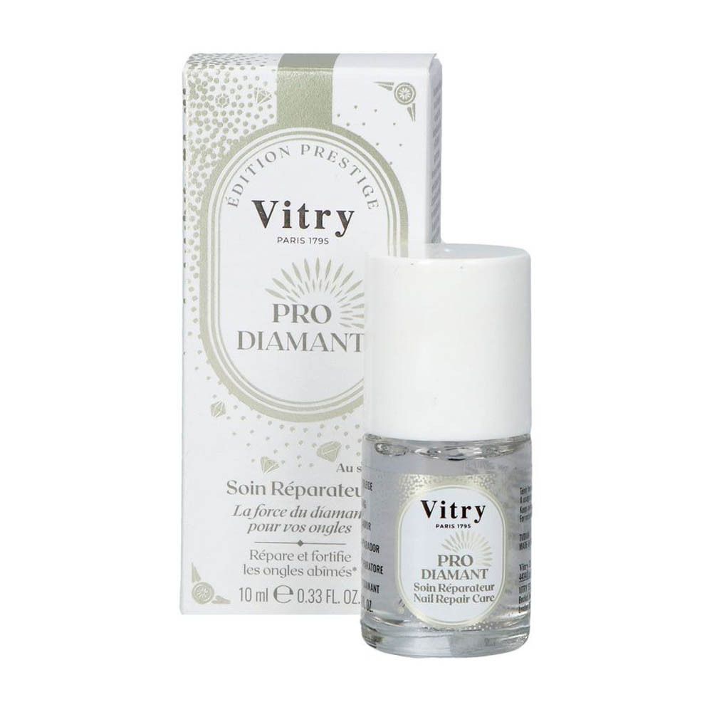 Flacon de soin pour les ongles et emballage. Emballage avec nom du produit et marque Vitry. 10 ml.