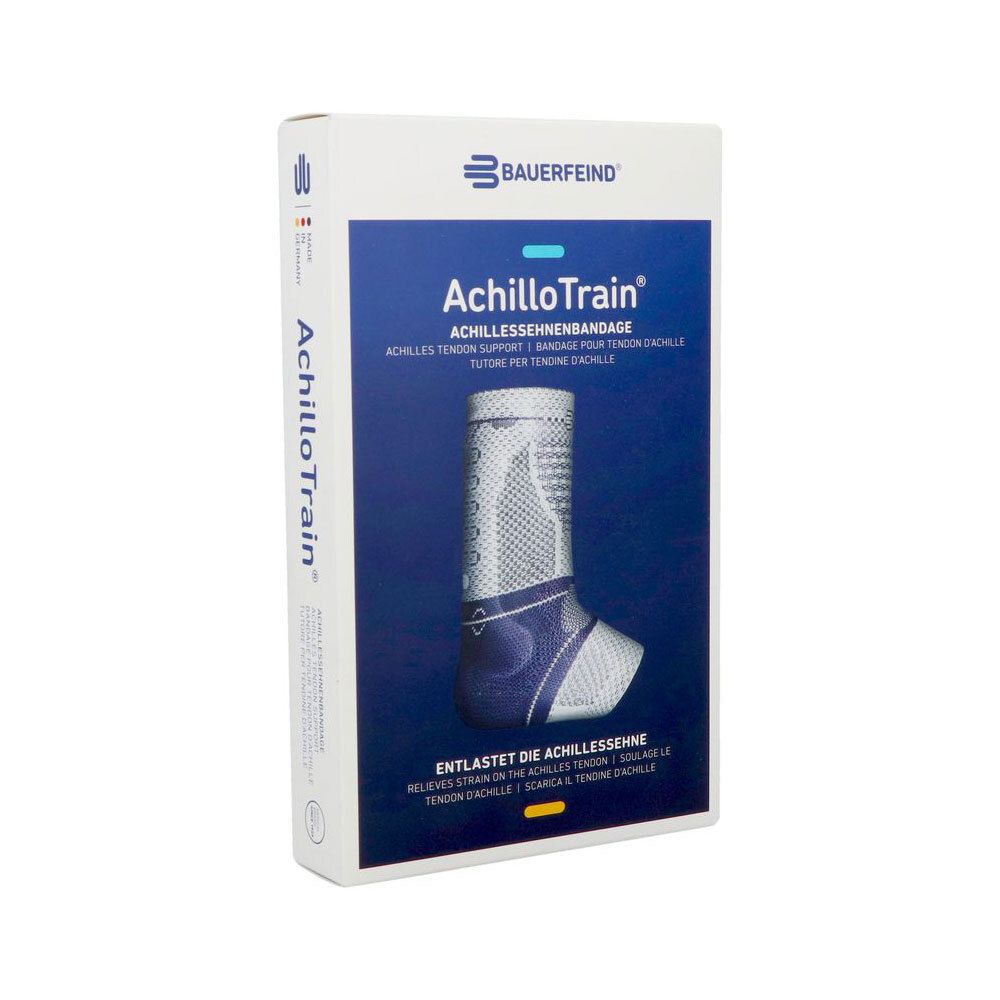 Boîte Bauerfeind AchilloTrain avec bandage. Design bleu et blanc. Image du produit. Tailles.
