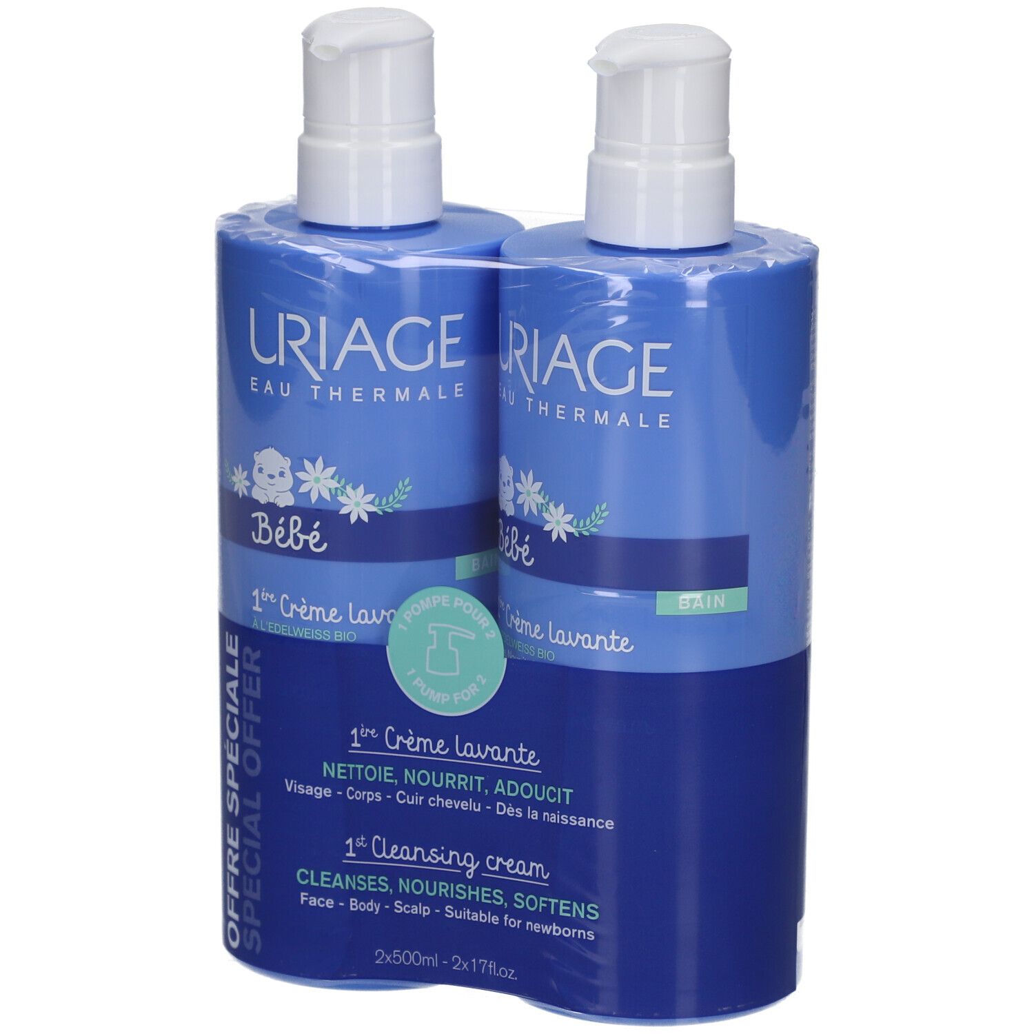 Deux flacons bleus Uriage Bébé 1ère Crème Lavante, emballés. Inscription: 1ère Crème lavante, 1st Cleansing cream. Pour nouveau-nés.