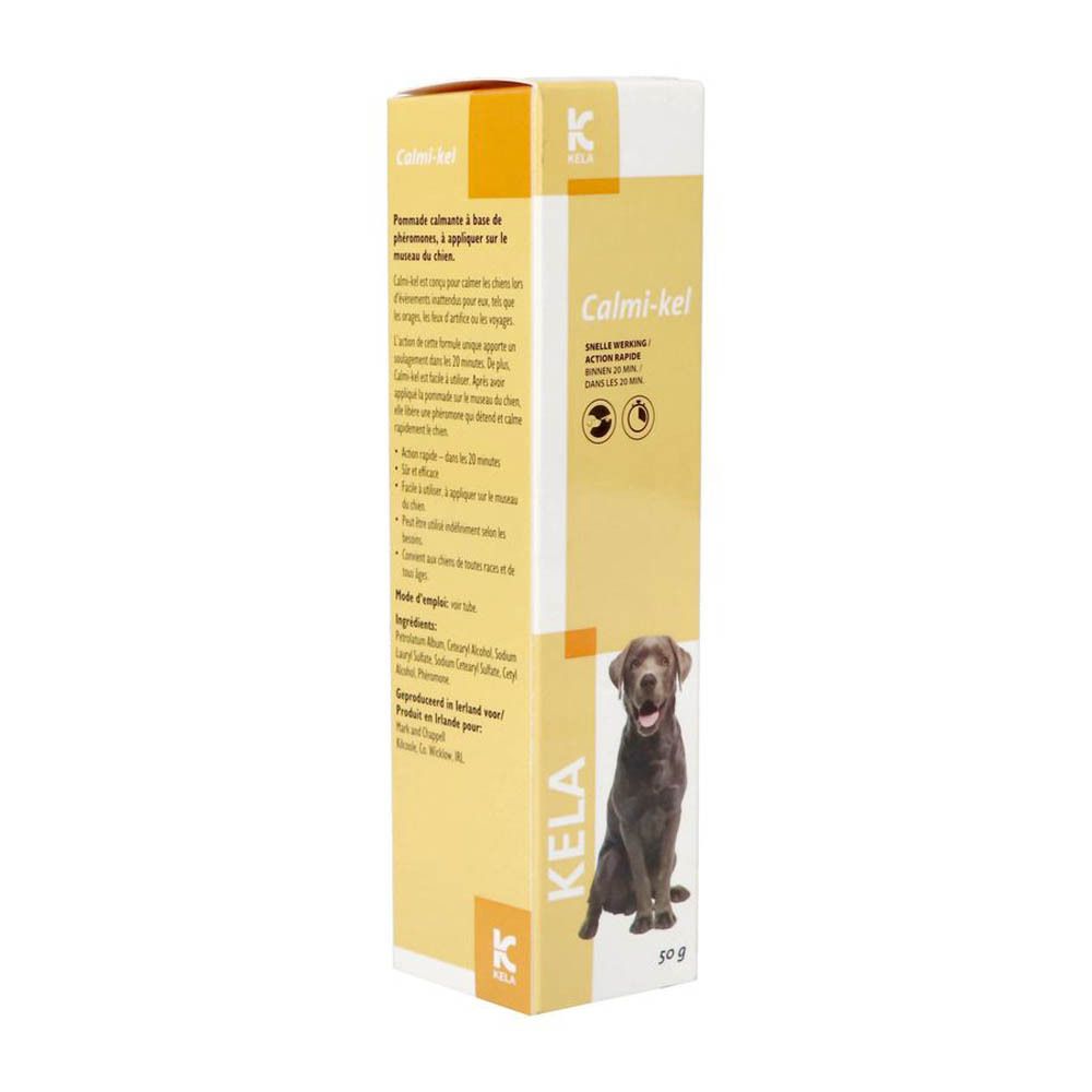 Emballage du produit avec tube. Inscription "Calmi-kel". Un chien est représenté. 50g. Logo KELA.