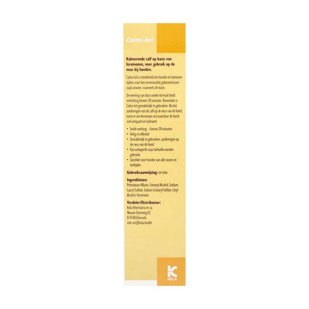Emballage du produit. Inscription "Calmi-kel". Texte en plusieurs langues. Logo KELA. Fond jaune.