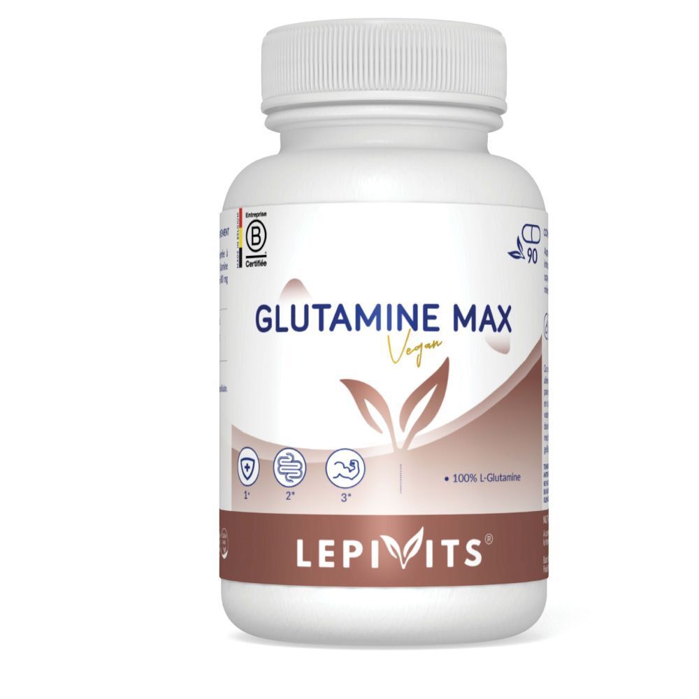 Witte fles met capsules. Opschrift: Glutamine Max Vegan. Logo en certificeringen.
