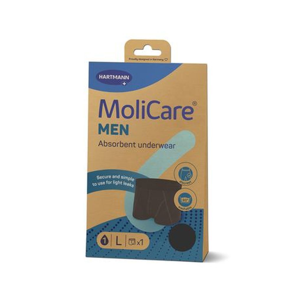 Verpakking MoliCare Men absorberend ondergoed. Maat L, 1 stuk. Bruine onderbroek afgebeeld.