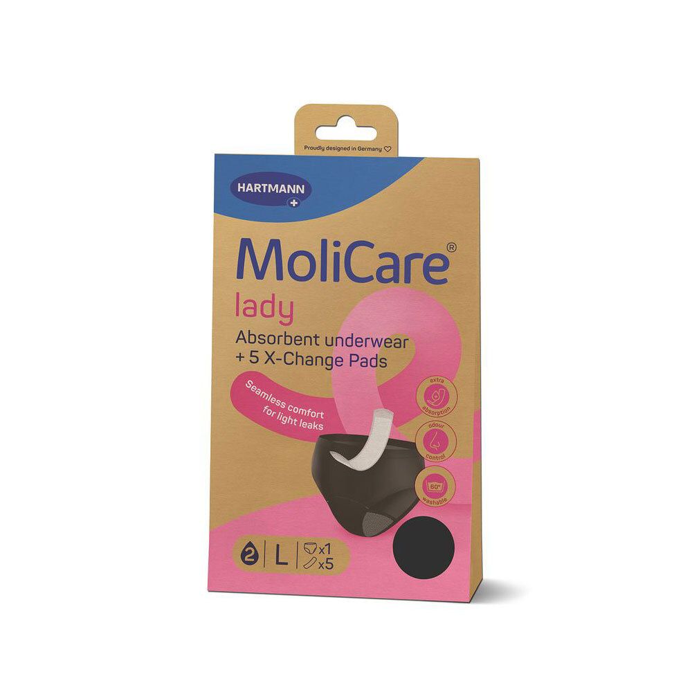 Verpakking MoliCare Lady, absorberend ondergoed + 5 X-Change inlegkruisjes. Maat L. Merk Hartmann.