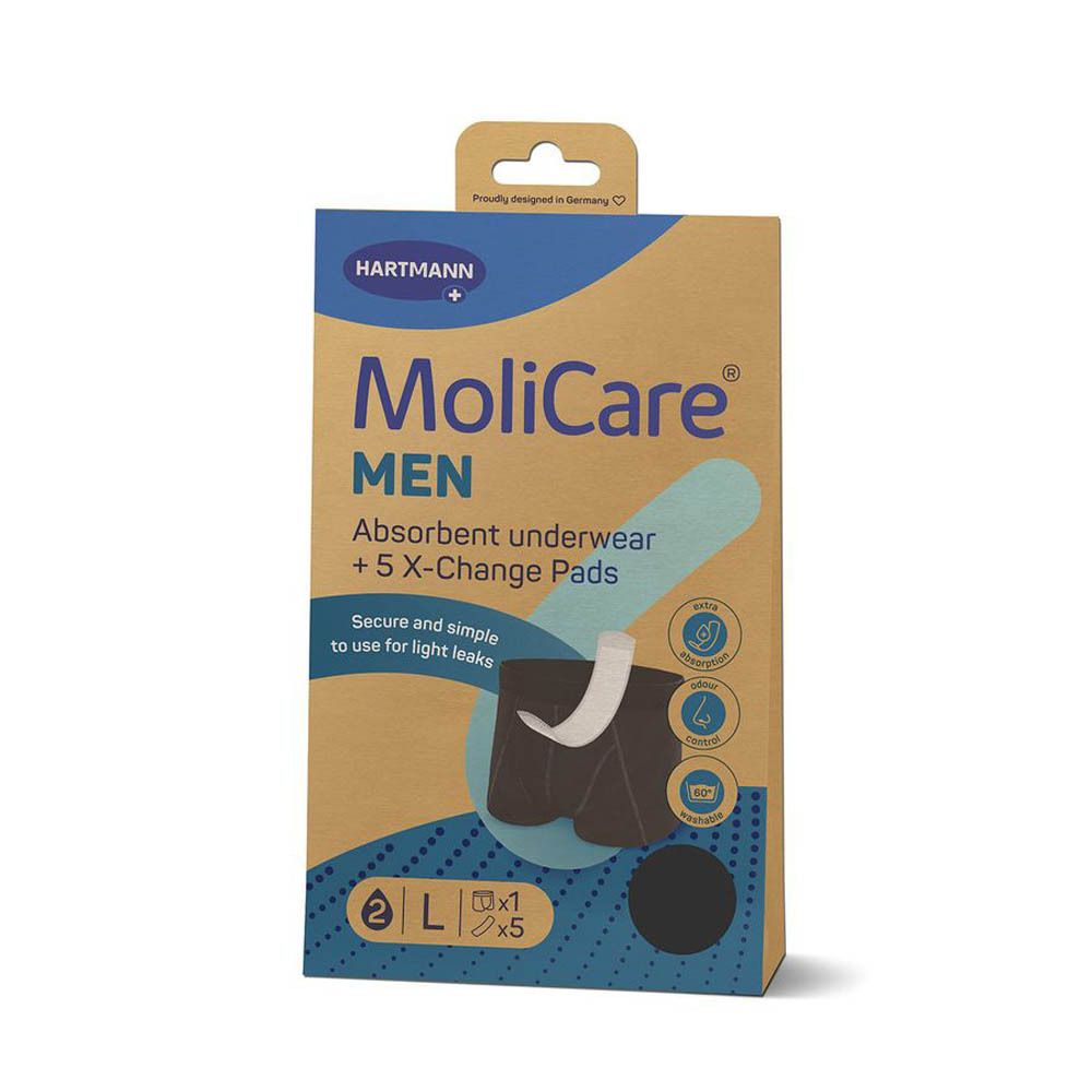 MoliCare MEN doos. Bevat absorberend ondergoed en 5 X-Change Pads. Maat L. Verpakking met productafbeelding en logo.