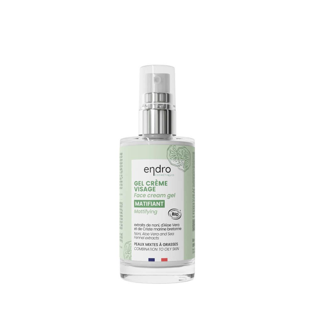 Endro Cosmétiques Gel Crème Visage. Transparante fles met zilveren pomp. Groen-wit etiket met productnaam en tekst.