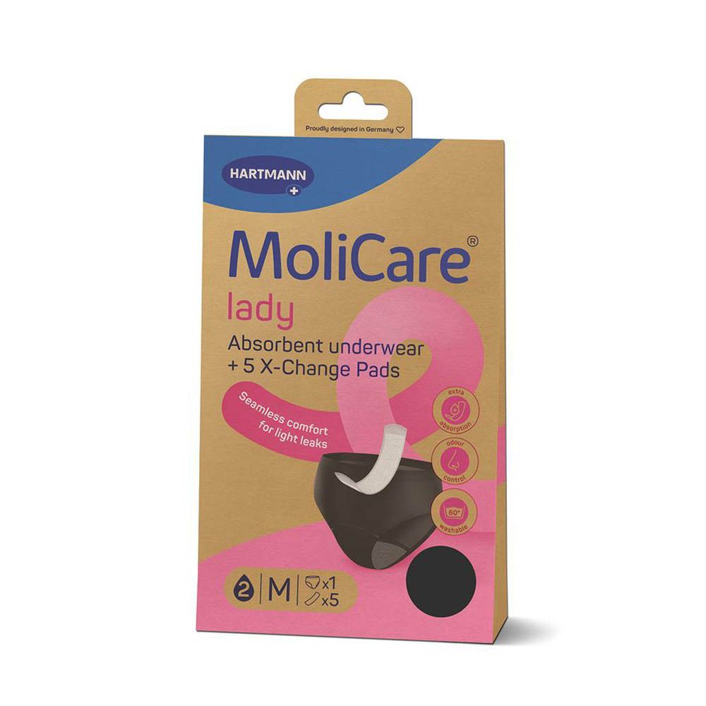 Verpakking MoliCare Lady. Absorberend ondergoed en 5 X-Change Pads. Maat M. Merk Hartmann.