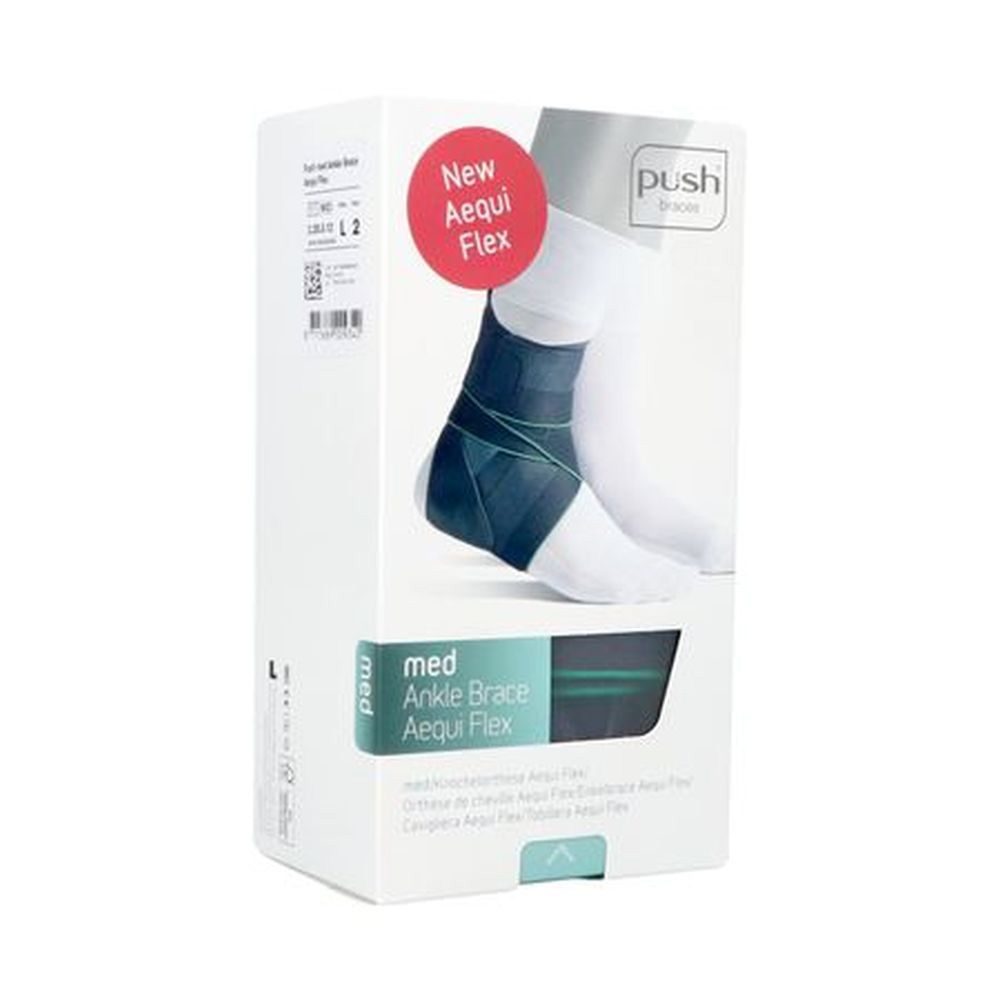 Emballage de chevillère. Inscriptions : "Push", "New Aequi Flex", "med Ankle Brace Aequi Flex".