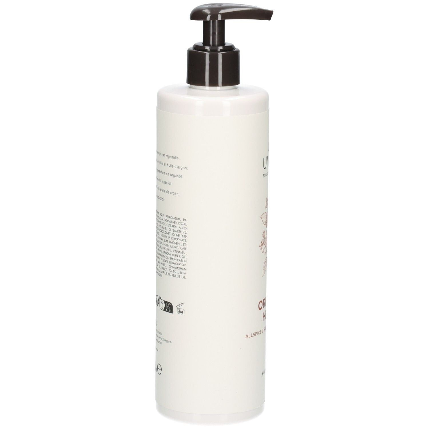Arrière d'un flacon blanc avec pompe, Lotion Corporelle Umami Oriental Herbs, avec ingrédients.