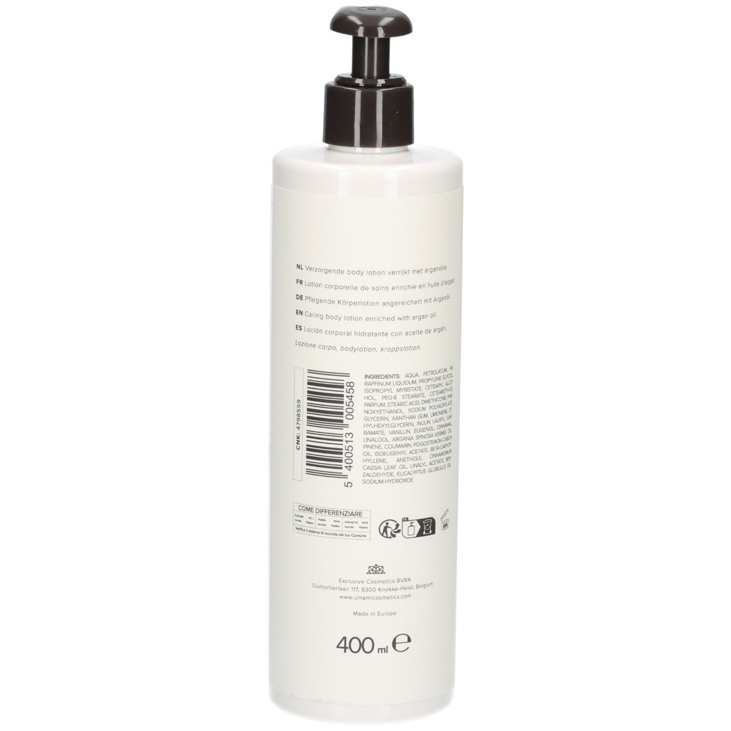 Arrière d'un flacon blanc avec pompe, Lotion Corporelle Umami Oriental Herbs, 400 ml.