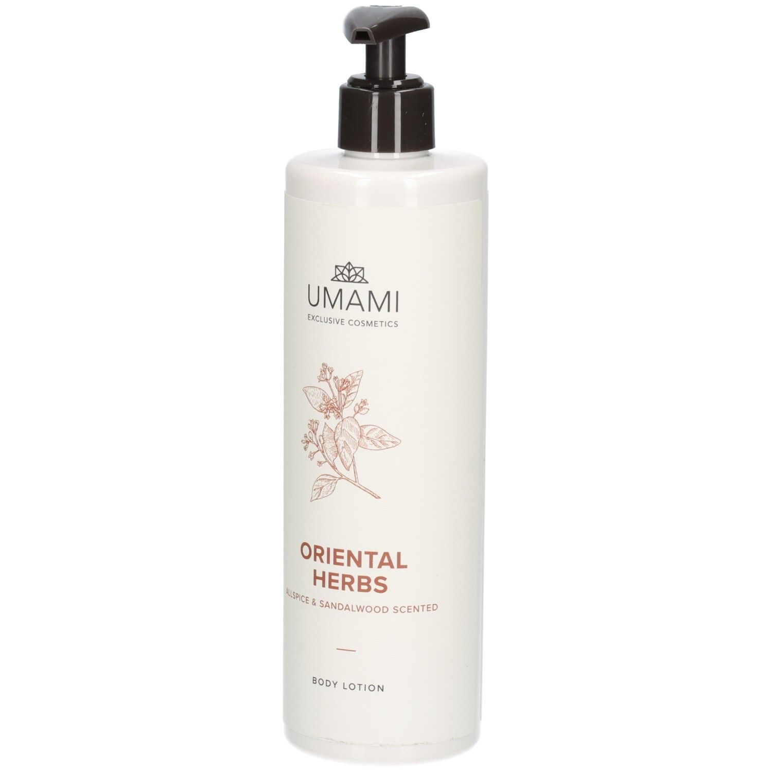 Flacon blanc avec pompe, Lotion Corporelle Umami Oriental Herbs, parfum Allspice & Sandalwood.