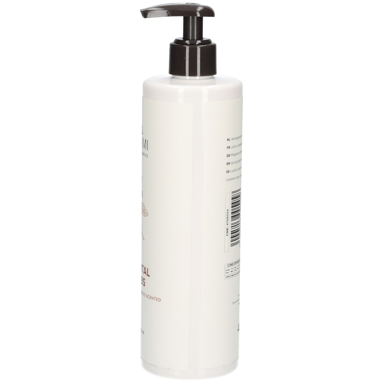 Arrière d'un flacon blanc avec pompe, Lotion Corporelle Umami Oriental Herbs, avec ingrédients.