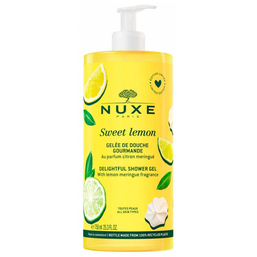 Gel douche avec pompe. Inscription: Nuxe Sweet Lemon. Illustrations de citrons et de citrons verts.
