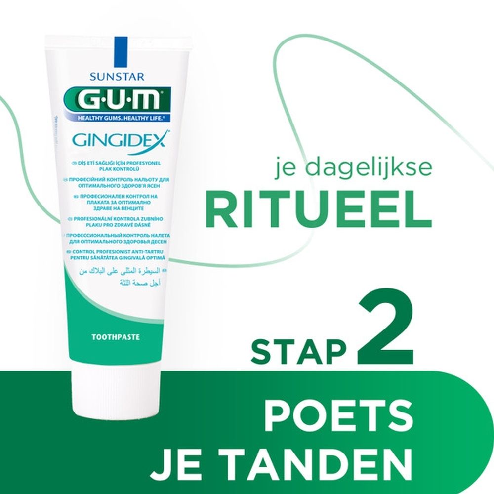 Witte G.U.M Gingidex tandpastatube met groene en blauwe tekst. Bevat 0,06% CHX + CPC.