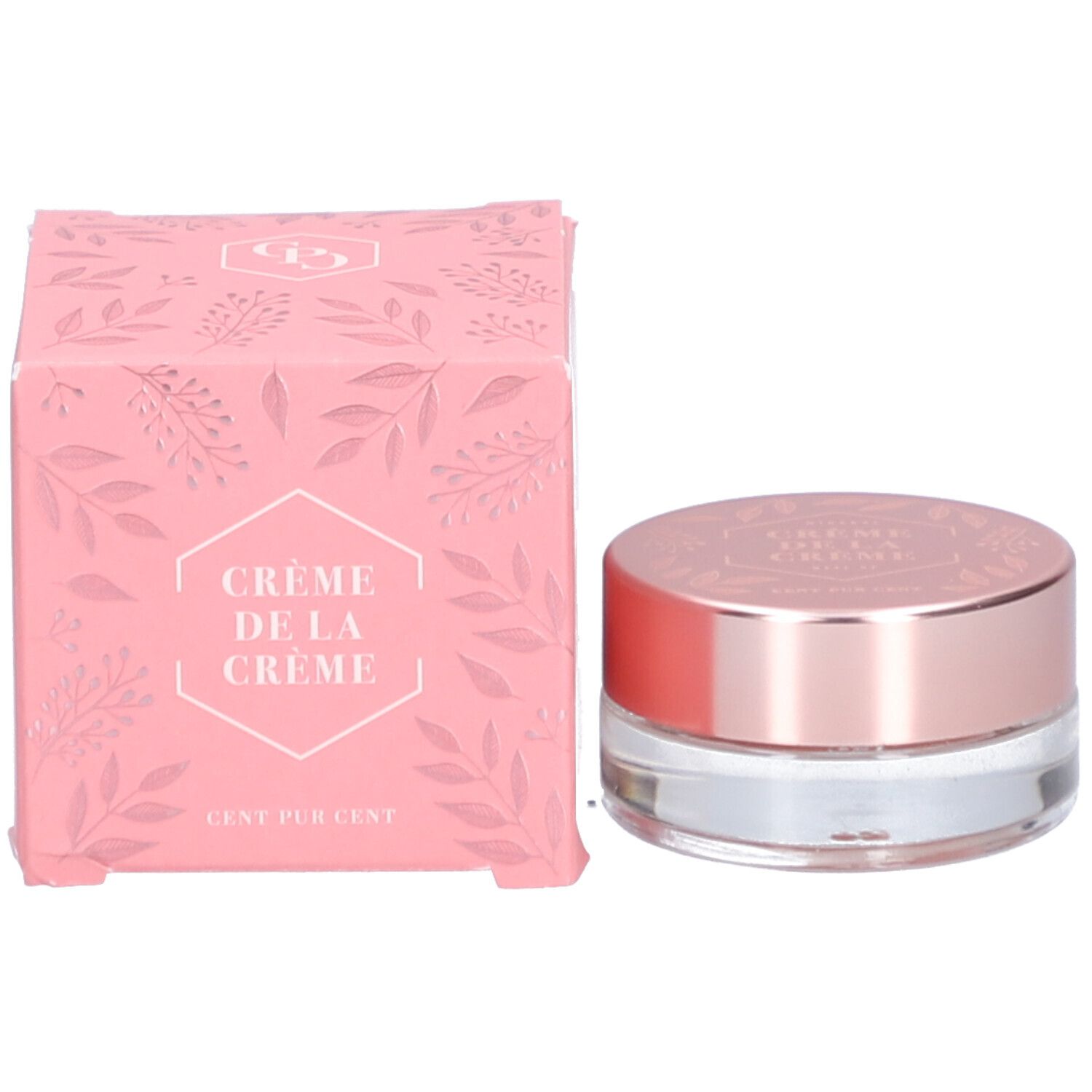 Boîte et pot roses. "Crème de la Crème" et "Cent Pur Cent" sont écrits sur la boîte. Le pot a un couvercle rose.