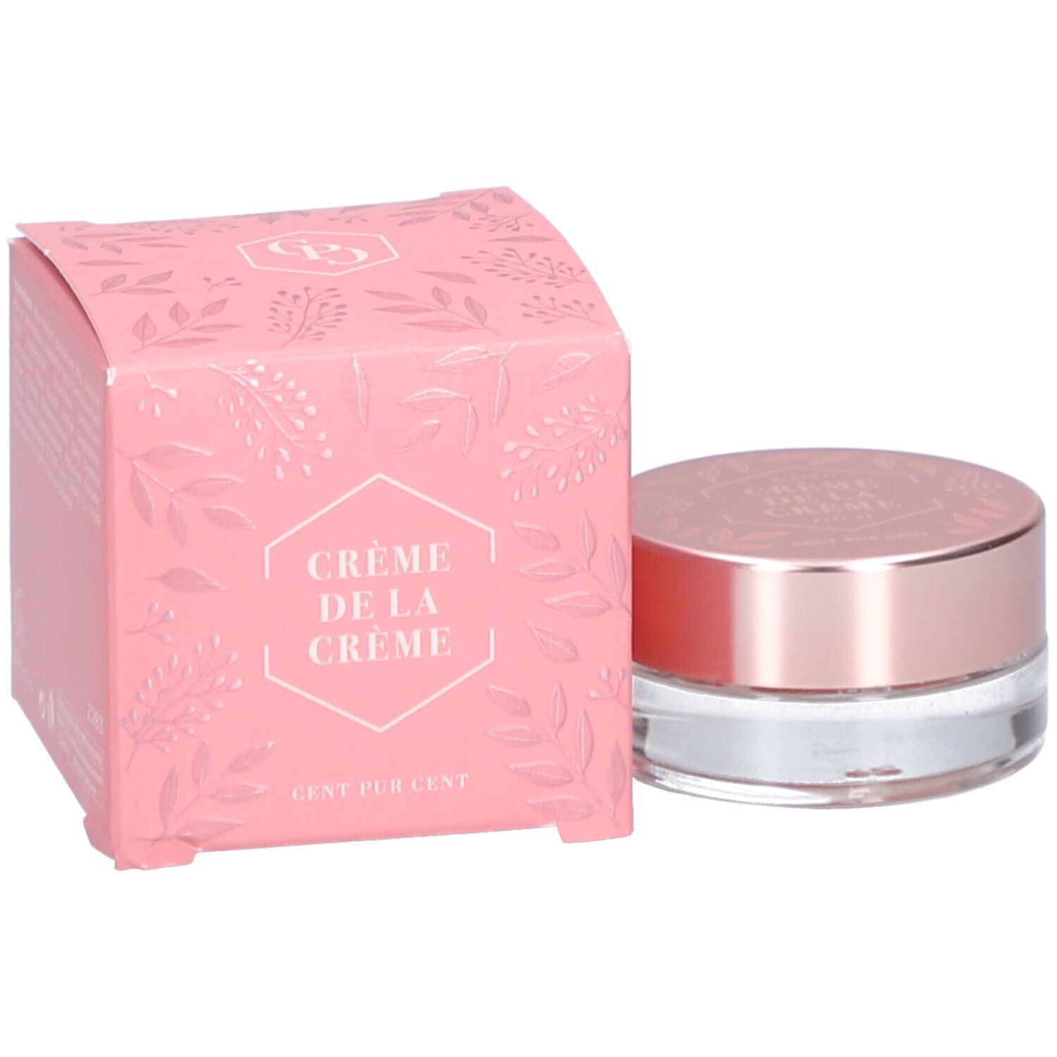 Boîte et pot roses. "Crème de la Crème" et "Cent Pur Cent" sont écrits sur la boîte. Le pot a un couvercle rose.