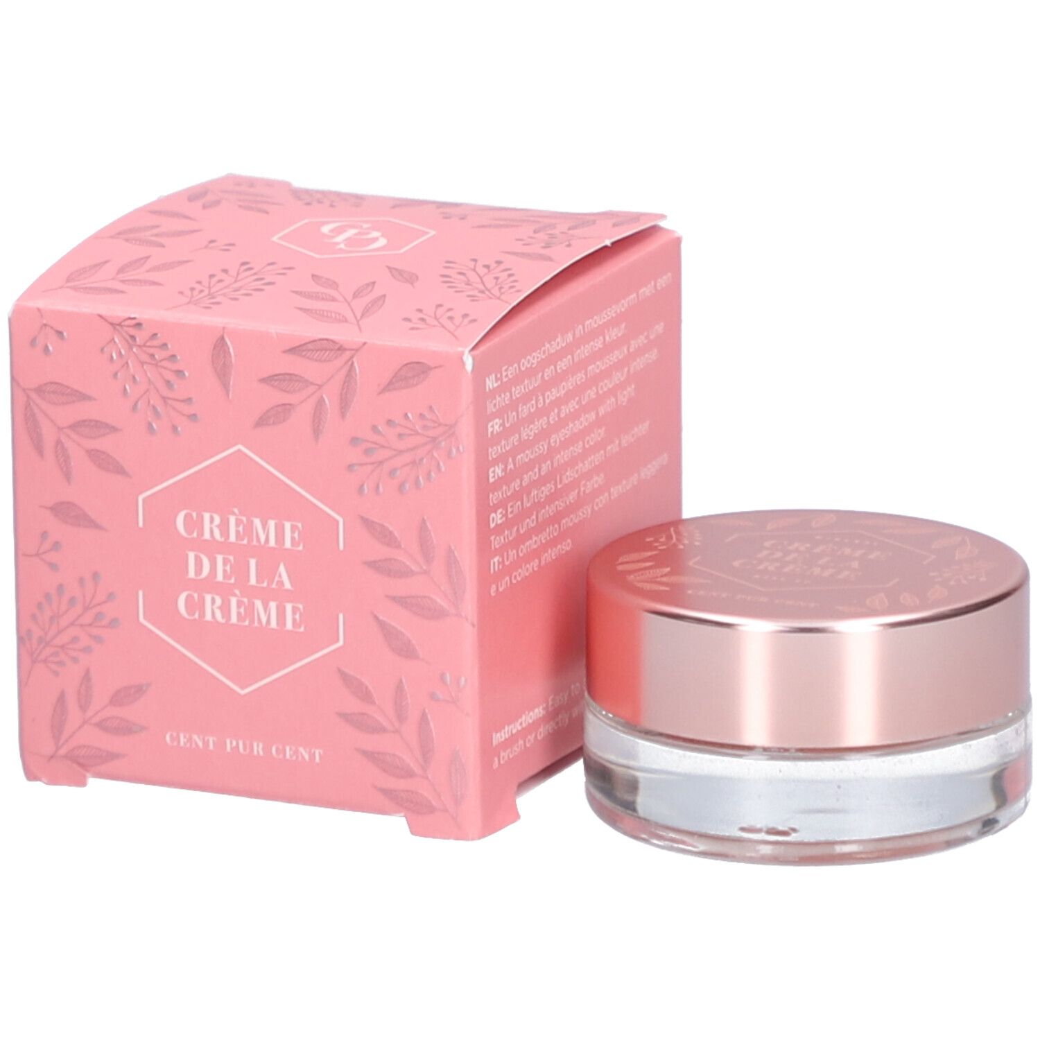Boîte et pot roses. "Crème de la Crème" et texte multilingue sur la boîte. Le pot a un couvercle rose.